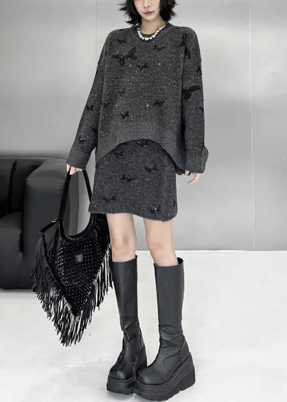 Loose Dark Gray Butterfly Sequins Sweaters and Skirts Knit Two Pieces Set
