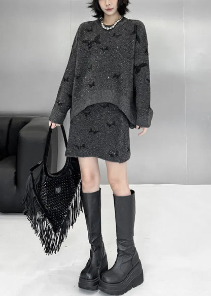 Loose Dark Gray Butterfly Sequins Sweaters and Skirts Knit Two Pieces Set