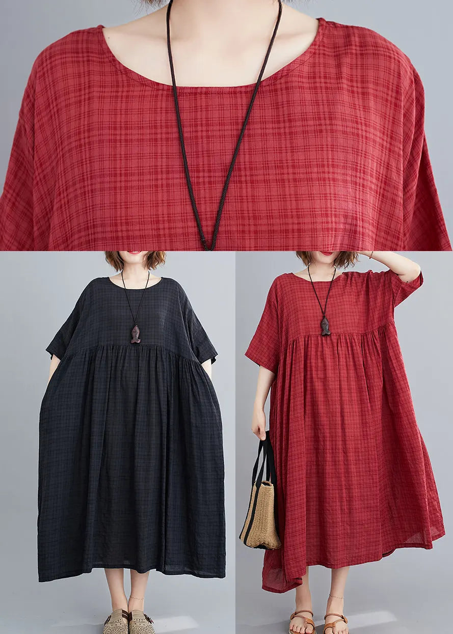 Black Plaid Loose Linen Dress Wrinkled Short Sleeve