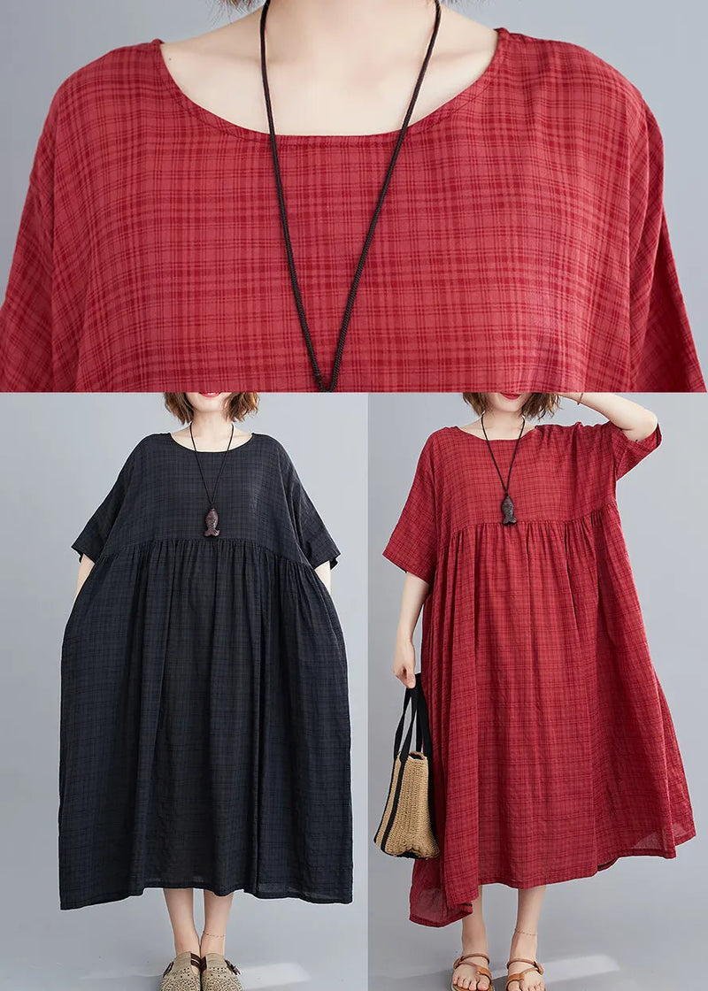 Black Plaid Loose Linen Dress Wrinkled Short Sleeve