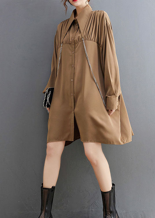 Khaki Wrinkled Button Holiday Shirt Dress Long Sleeve