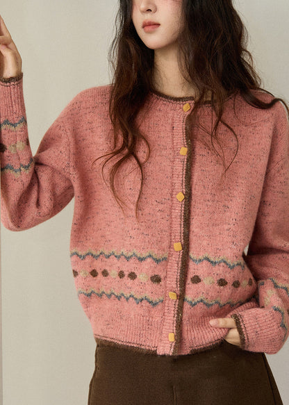 Pink O-neck Print Button Cotton Knit Cardigans Fall