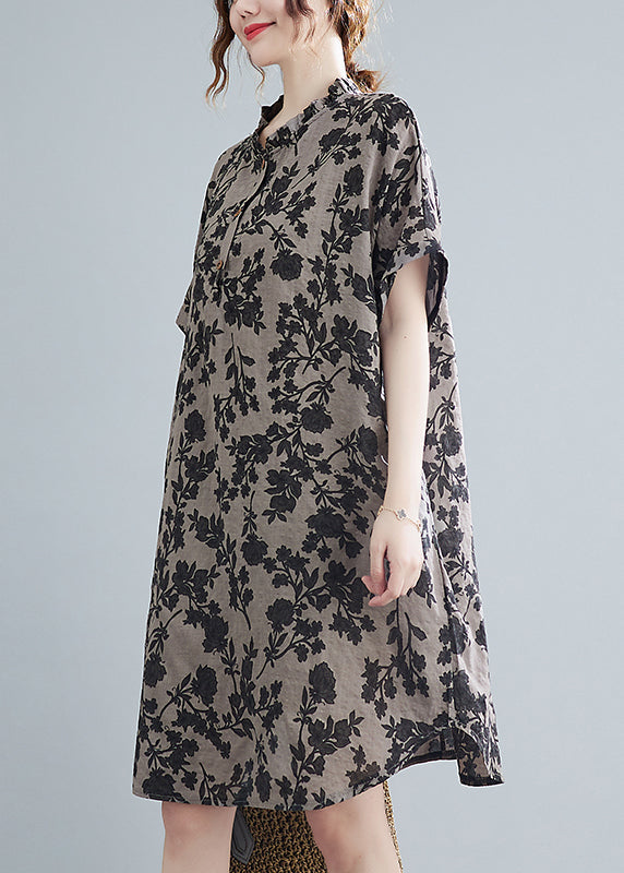 Stand Collar Button Print Linen Dress Short Sleeve