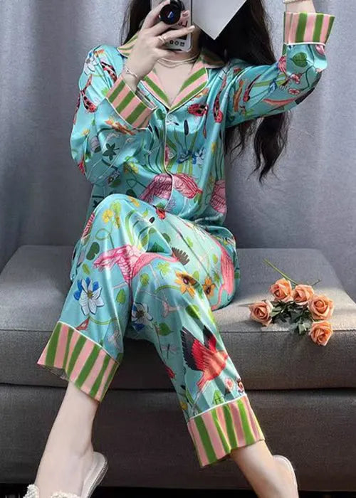 Blue Striped Print Button Ice Silk Pajamas Two Pieces Set Spring