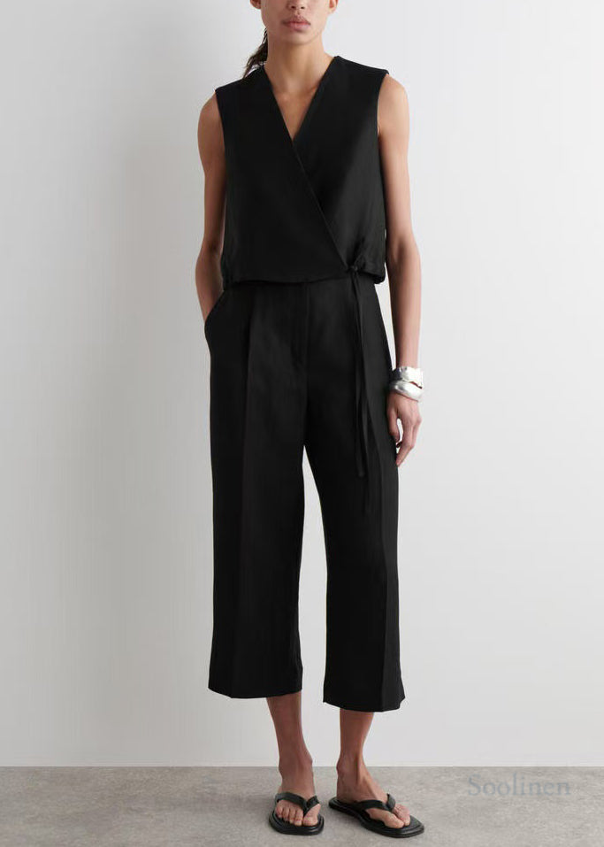Black V Neck Lace Up Linen Shirt Tops Summer