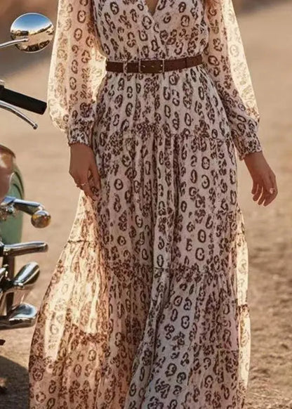 V Neck Print Chiffon Maxi Dress Spring