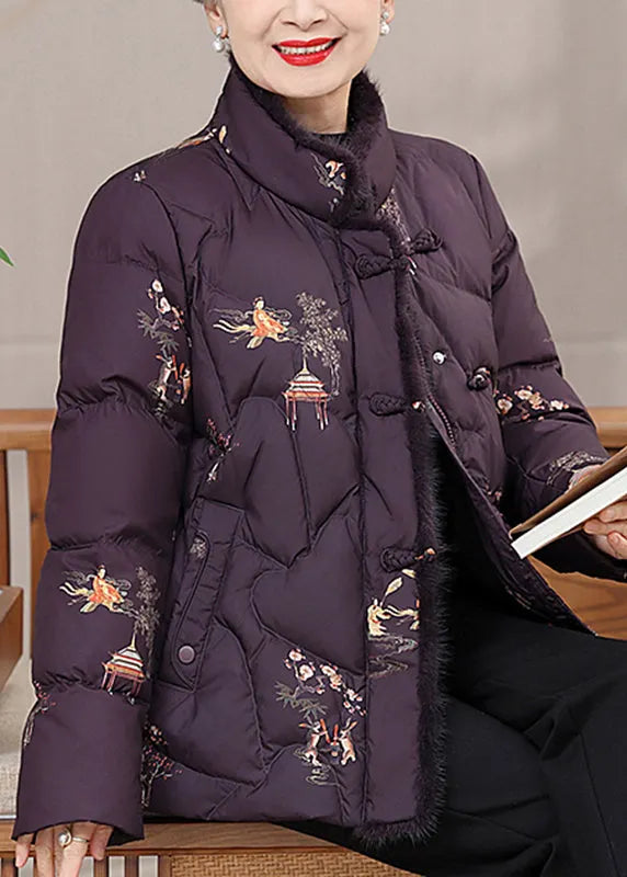Orange Fur Collar Print Button Warm Fine Cotton Filled Coats Winter