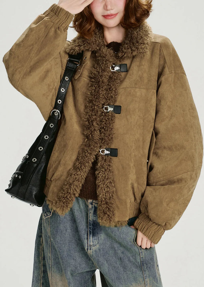 New Khaki Stand Collar Teddy Faux Fur Patchwork Cotton Filled Jacket Winter