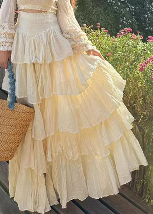 Novelty Apricot Slash Neck Wrinkled Cotton Two Piece Set Flare Sleeve