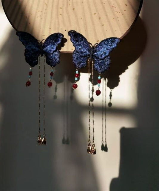 Original Design Blue Sterling Silver Overgild Embroidery Butterfly Tassel Hairpin