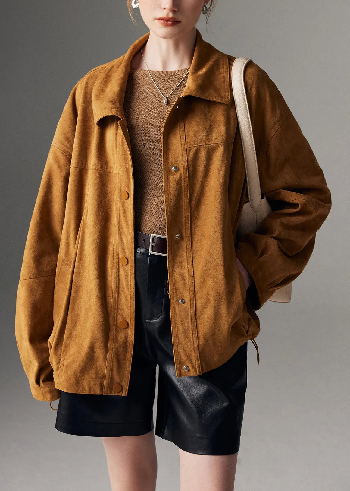 Loose Beige Button Drawstring Detachable Leather and Fur Coats Winter