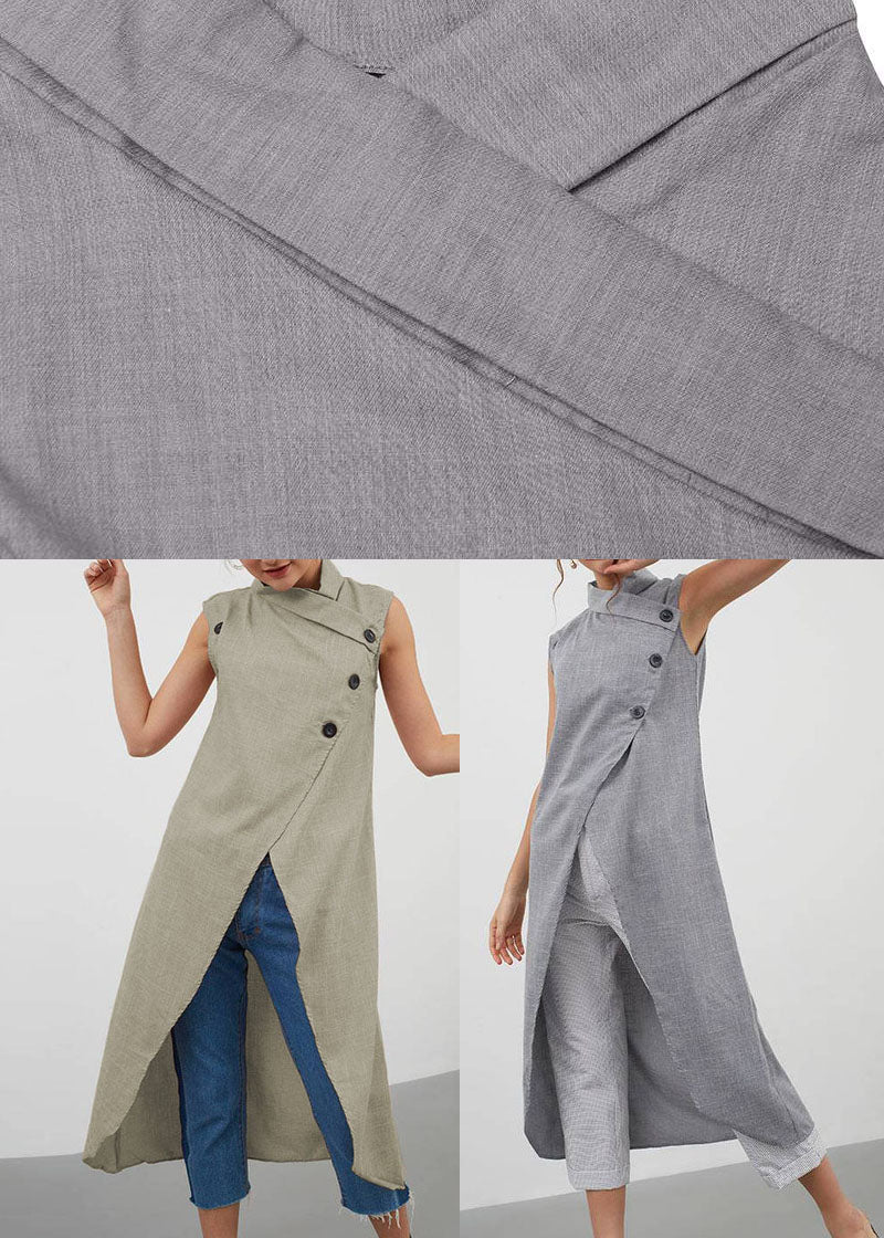 Khaki Cotton Top Asymmetrical Stand Collar Button Sleeveless