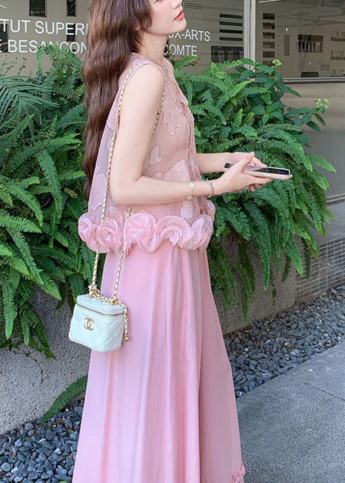 Pink Jacquard Three-dimensional Flower Sets 2 Pieces Sleeveless
