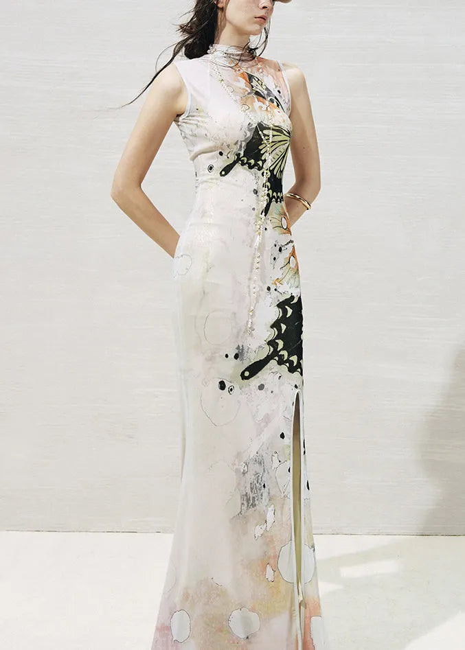 Fine White Butterfly Print Maxi Dresses Two Piece Set Sleeveless