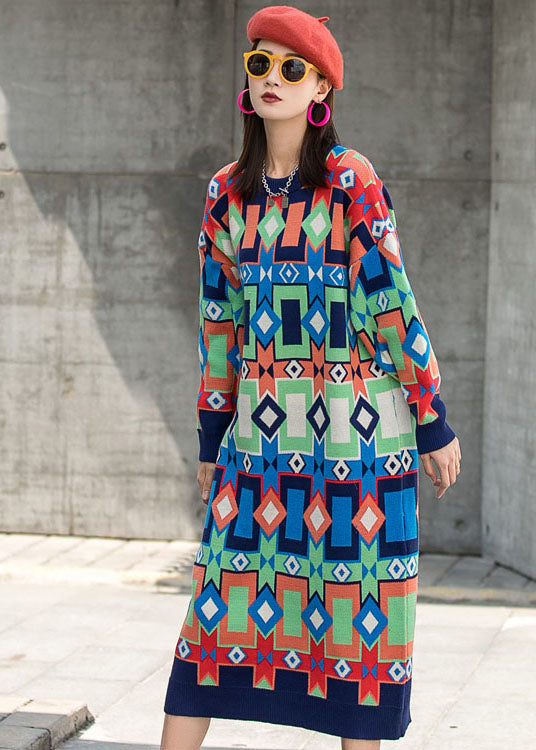 O-neck Plaid Fall Knit Long Sleeve Dresses