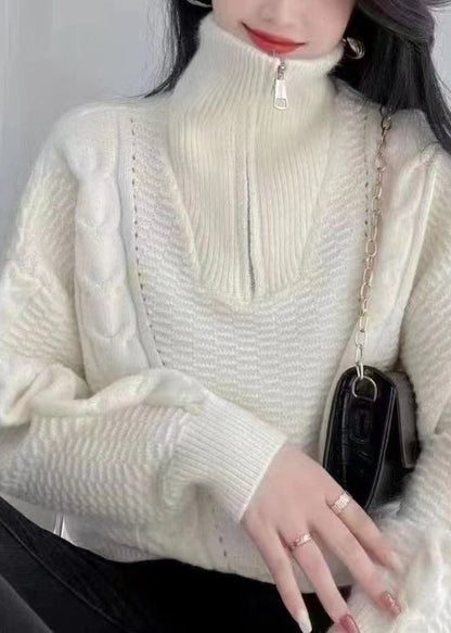 Apricot Turtleneck Zip Up Cotton Knit Sweaters Long Sleeve