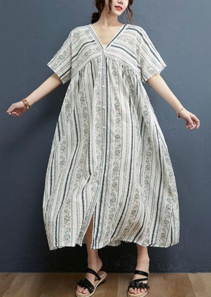 White Button V Neck Cotton Loose Dress Short Sleeve