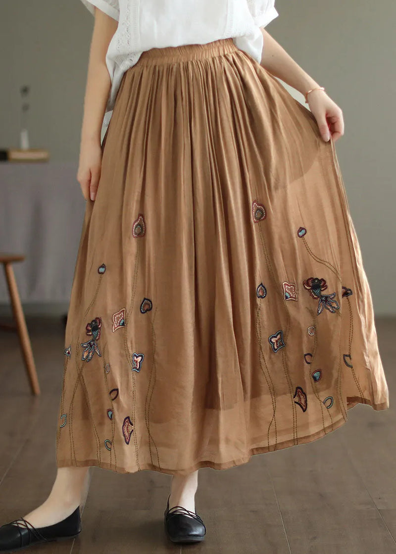 Black Elastic Waist Embroideried Linen Silk Skirt Spring