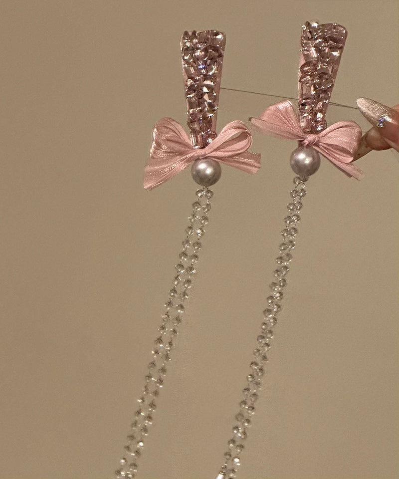 Original Design Pink Alloy Zircon Pearl Bow Tassel Hairpin