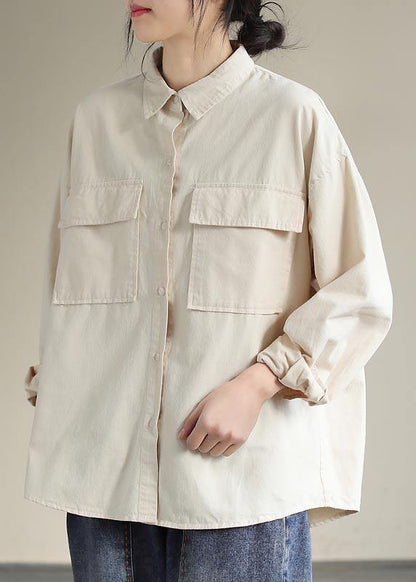 French Beige Tops Lapel Pockets Daily Spring Shirt