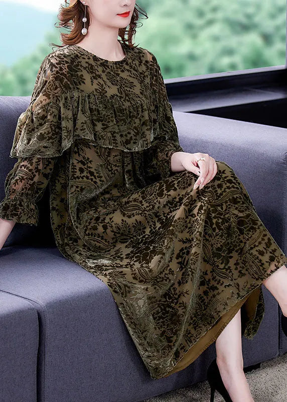 Green Velour Dress Ruffled Spring