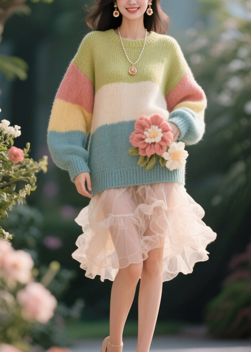 Original Design Colorblock O Neck Knit Pullover Fall