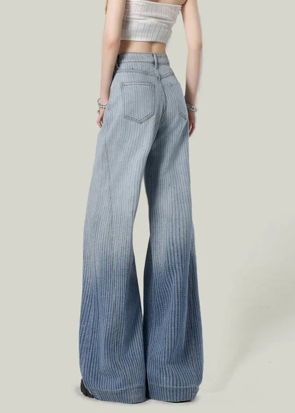 Striped Blue Gradient Color Zircon Denim Wide Leg Pants Spring