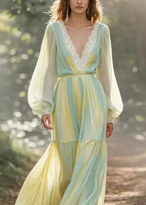 V Neck Lace Wrinkled Patchwork Chiffon Dresses Spring