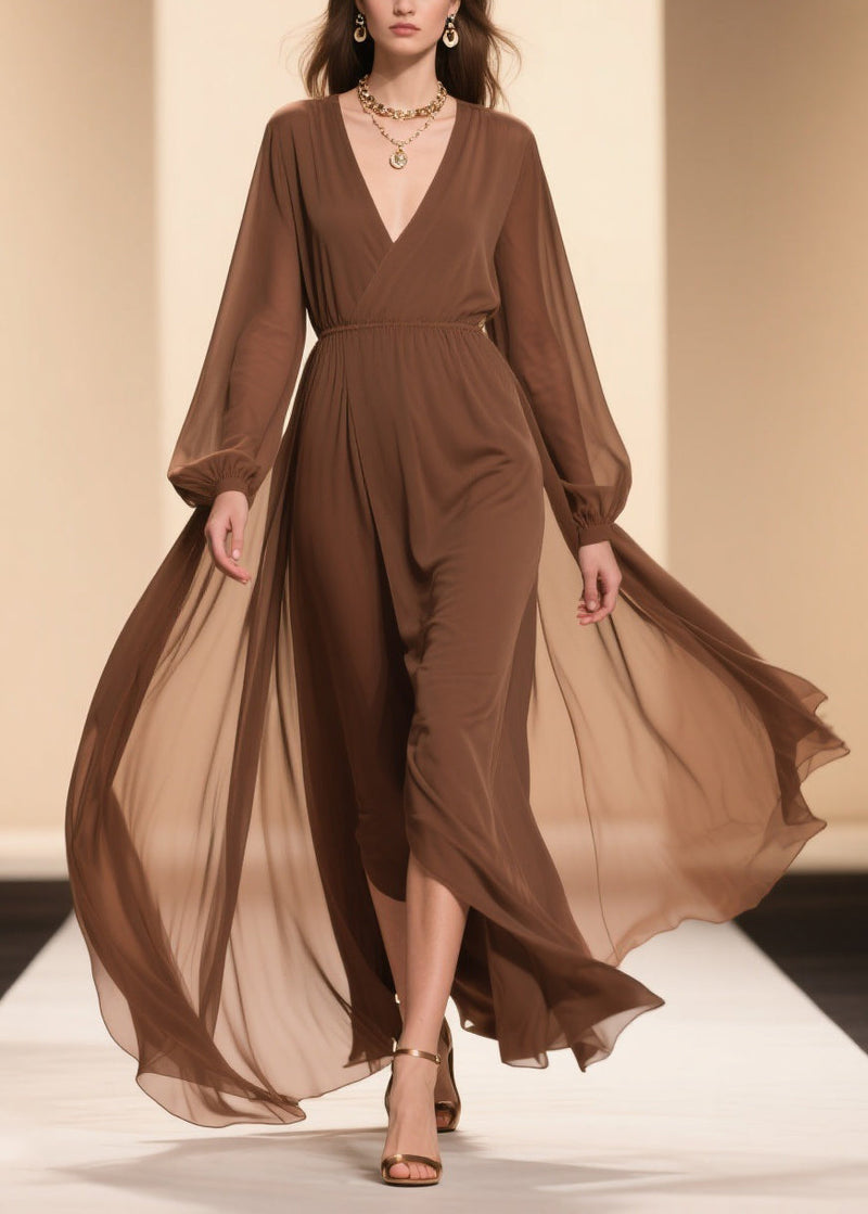 Coffee Wrinkled Chiffon Maxi Dresses V Neck
