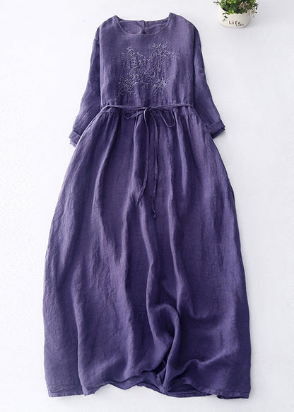 Dark Purple Embroidered Tie Waist Linen Maxi Dress Spring