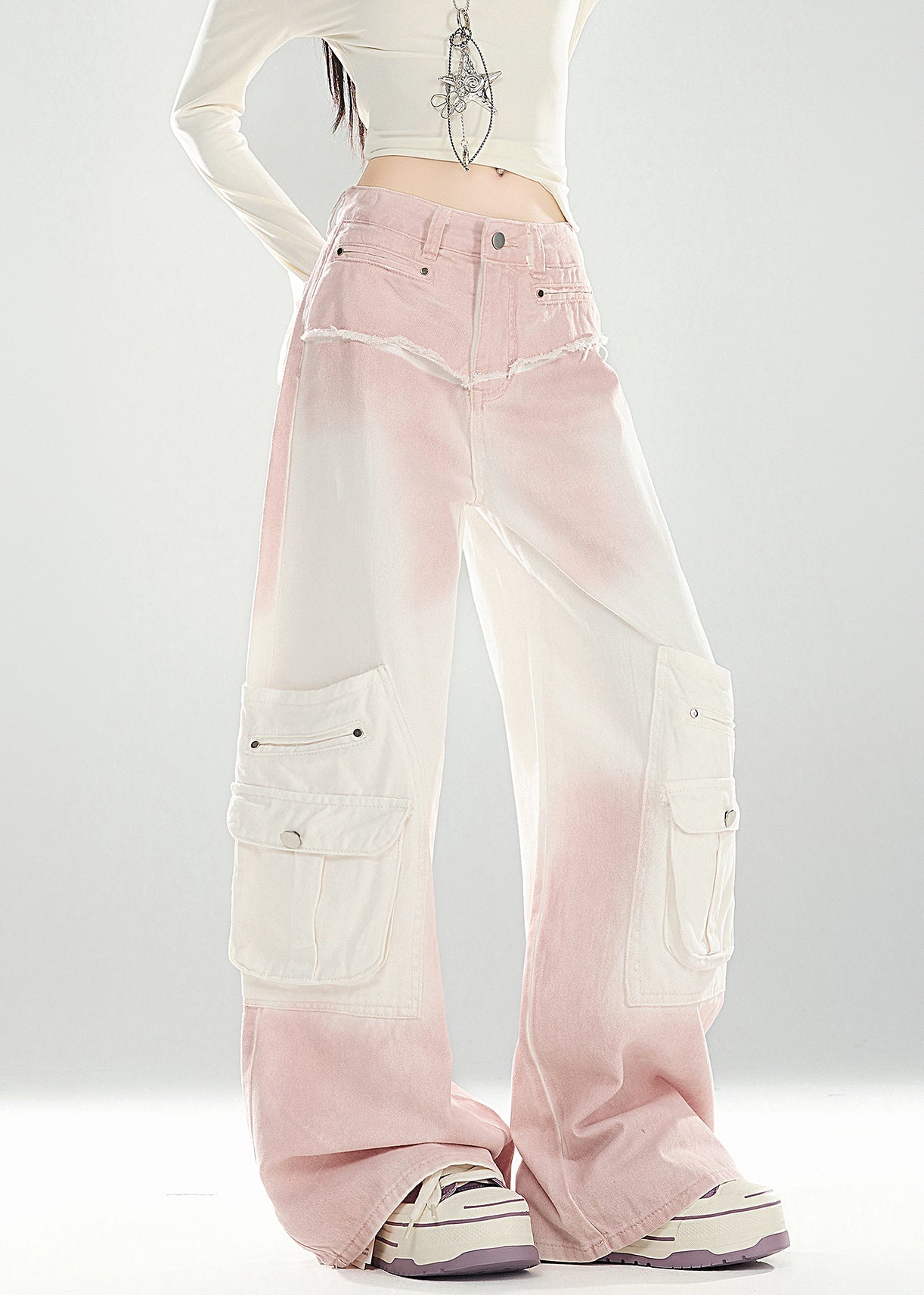 Pink Gradient Color Pockets High Waist Denim Pants Spring