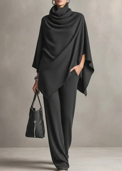Loose Camel Turtleneck Pockets Tops and Pants Two-piece Set