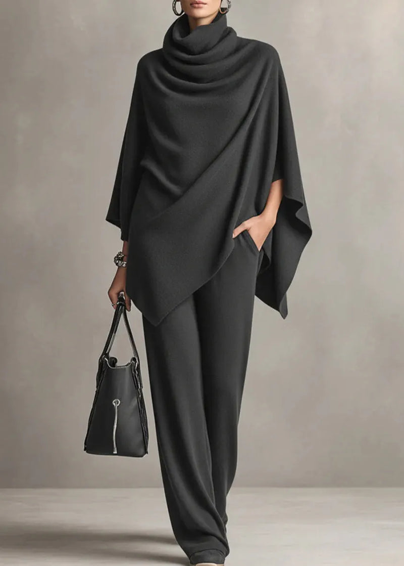 Loose Camel Turtleneck Pockets Tops and Pants Two-piece Set