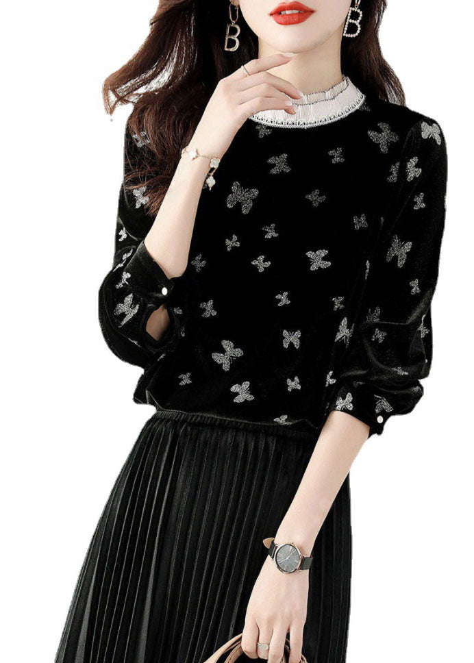 Black Ruffled Butterfly Velour Shirt Top Spring