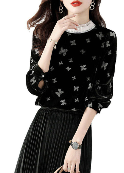 Black Ruffled Butterfly Velour Shirt Top Spring