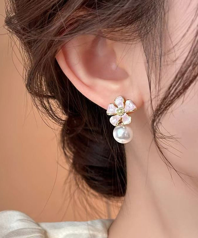 Pink Copper Alloy Pearl Stud Earrings