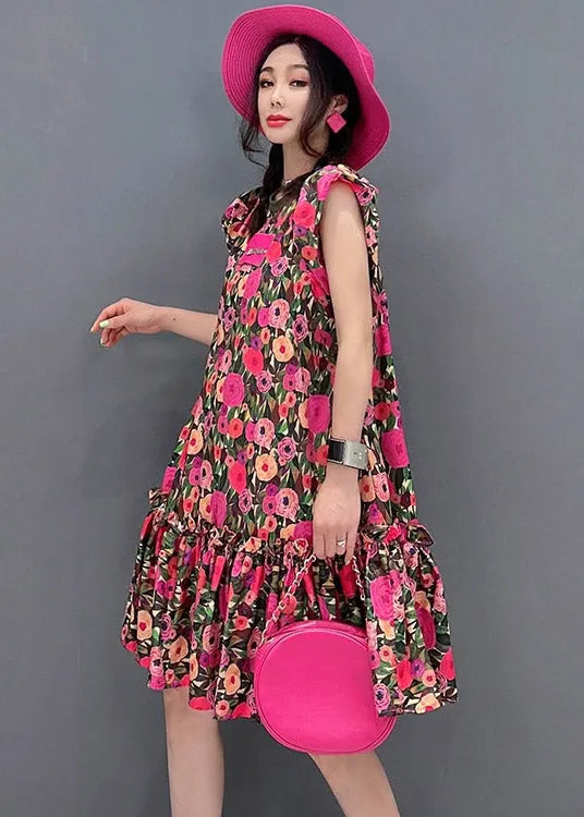 Unique O-neck Print Wrinkled Mid Dresses Short Sleeve