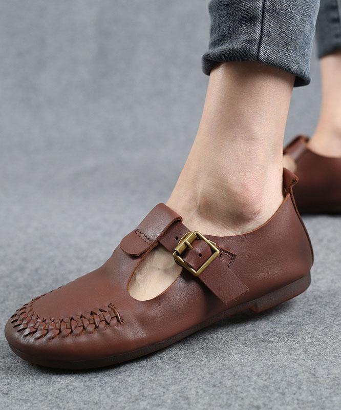 Cowhide Beige Leather Flat Shoes for Buckle Strap Hollow Out Flat Shoes