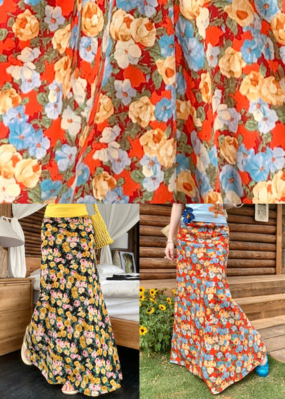 Yellow High Waist Cotton Summer Maxi Skirts Print
