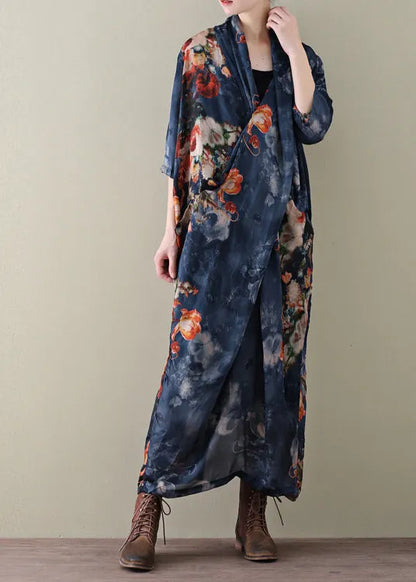 Navy Print Chiffon Beach Dress and Spaghetti Strap Dress Two Piece Set Summer