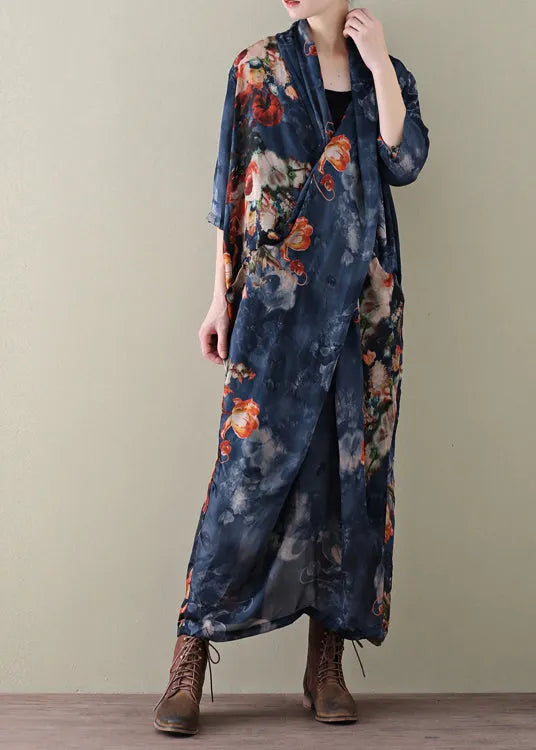 Navy Print Chiffon Beach Dress and Spaghetti Strap Dress Two Piece Set Summer