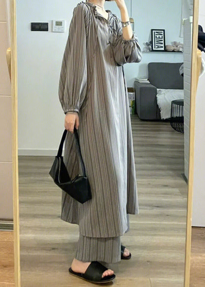 Grey Striped Patchwork Cotton Two Pieces Set Pajamas Long Sleeve Spring