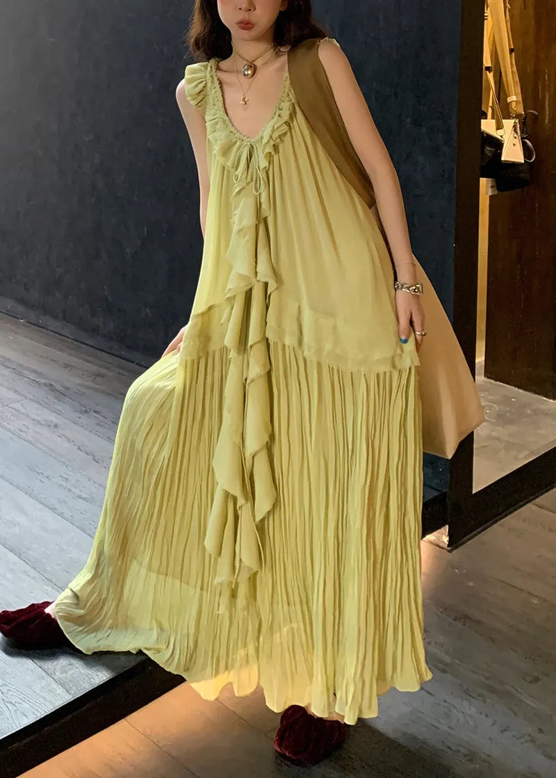 Green V Neck Lace Up Wrinkled Chiffon Long Dress Sleeveless