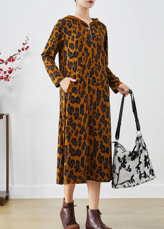 Brown Hooded Leopard Print Cotton Dresses Spring