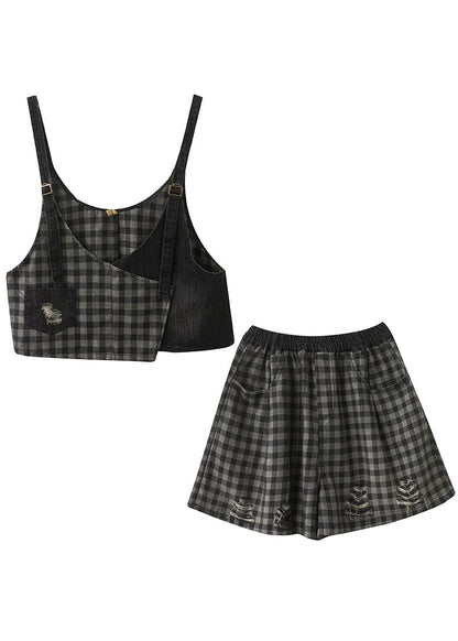 Black Plaid Patchwork Fall Two Piece Set Clothing