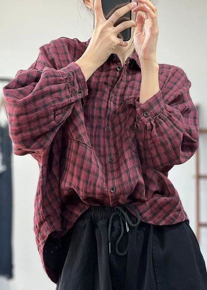 Art Red Oversized Plaid Linen Shirt Tops Fall