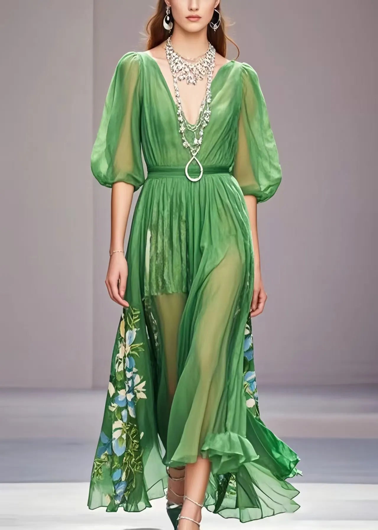 Unique Grass Green Puff Sleeve Print Chiffon Dress Summer