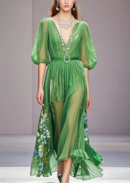 Unique Grass Green Puff Sleeve Print Chiffon Dress Summer