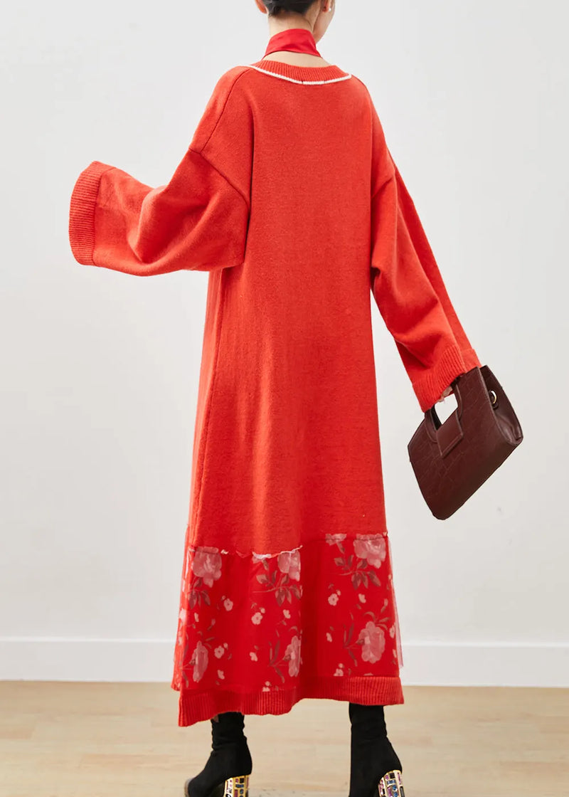 Brick Red Square Collar Patchwork Knitwear Dress Spring