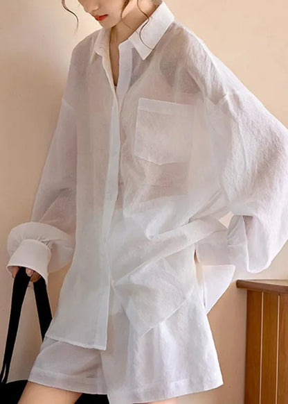 Simple White Pockets Shirts and Shorts Two Piece Suit Set Long Sleeve Spring